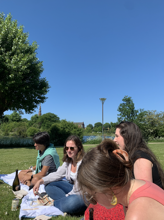 A group of friends have a picnic in a grassy lawn under the sun.